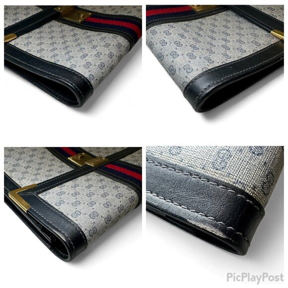 GUCCI Shelly Line Grey and Navy Blue Monogram Canvas Clutch w Stripes, Unisex - Picture 9 of 16